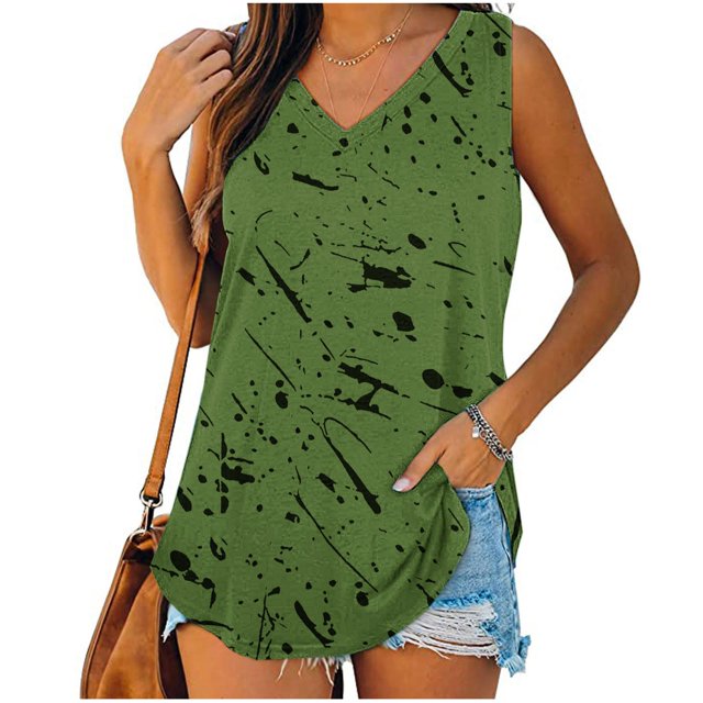 Womens Print Tank Tops V-Neck Basic Casual Flowy Summer Sleeveless T-Shirt