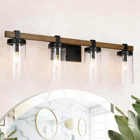 

LNC 4-Light Black Bathroom Bathroom Vanity Light with Wood Accent Wall Sconce with Seeded Glass