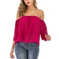 thumbnail image 3 of LELINTA Women Off the Shoulder Blouse Boho T-Shirts 3/4 Bell Sleeve Casual Chiffon Loose Tops Strapless Shirt, Black/ Red, 3 of 8