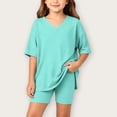 thumbnail image 4 of Iyufng Old Girls 2 Piece Outfits Summer Casual Sets Solid Color V-Neck Short Sleeve Top and Shorts 4-15 Years, 4 of 8