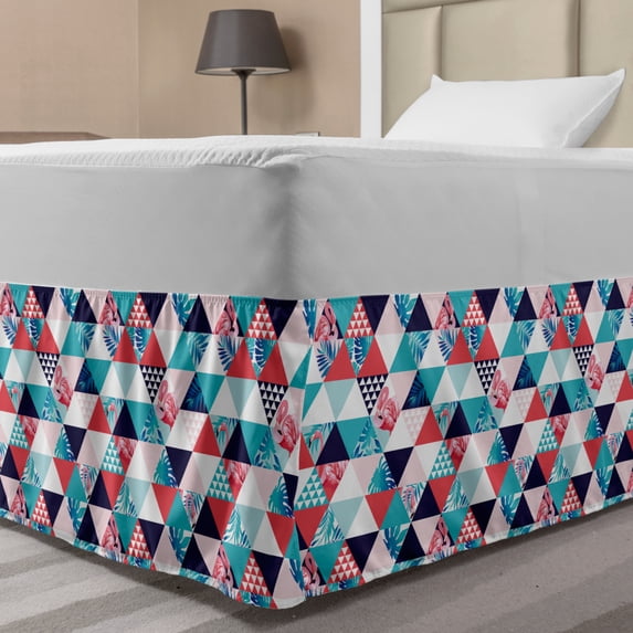Flamingo Bed Skirt, Horizontal Triangles Geometrical Frames with Exotic Beach Elements Mosaic Design, Elastic Bedskirt Dust Ruffle Wrap Around for Bedding Decor, 4 Sizes, Multicolor, by Ambesonne