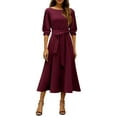 thumbnail image 2 of Women's Dress Three Quarter Sleeve Elegant with Belt and Pocket Chic Midi Dress for Spring Fall Party Office,Wine,XL, 2 of 5