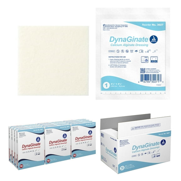 Dynarex DynaGinate Calcium Alginate Wound Dressing - Sterile, Non-Stick Topical Wound Pads - Absorbent Gel Patches For Moderate To High Exuding Cuts - For Medical & Home Use - 4.25"x 4.25", 12 Boxes