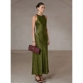 thumbnail image 2 of Women Olive Green Satin Maxi Dress Elegant Halter Neck Sleeveless Evening, 2 of 7