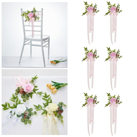 6PCS Wedding Aisle Rose Flowers With Ribbons & Leaves Chair Decorations For Wedding Party & White Flowers Bulk Flowers Outdoor Pot Flowers for Decorations