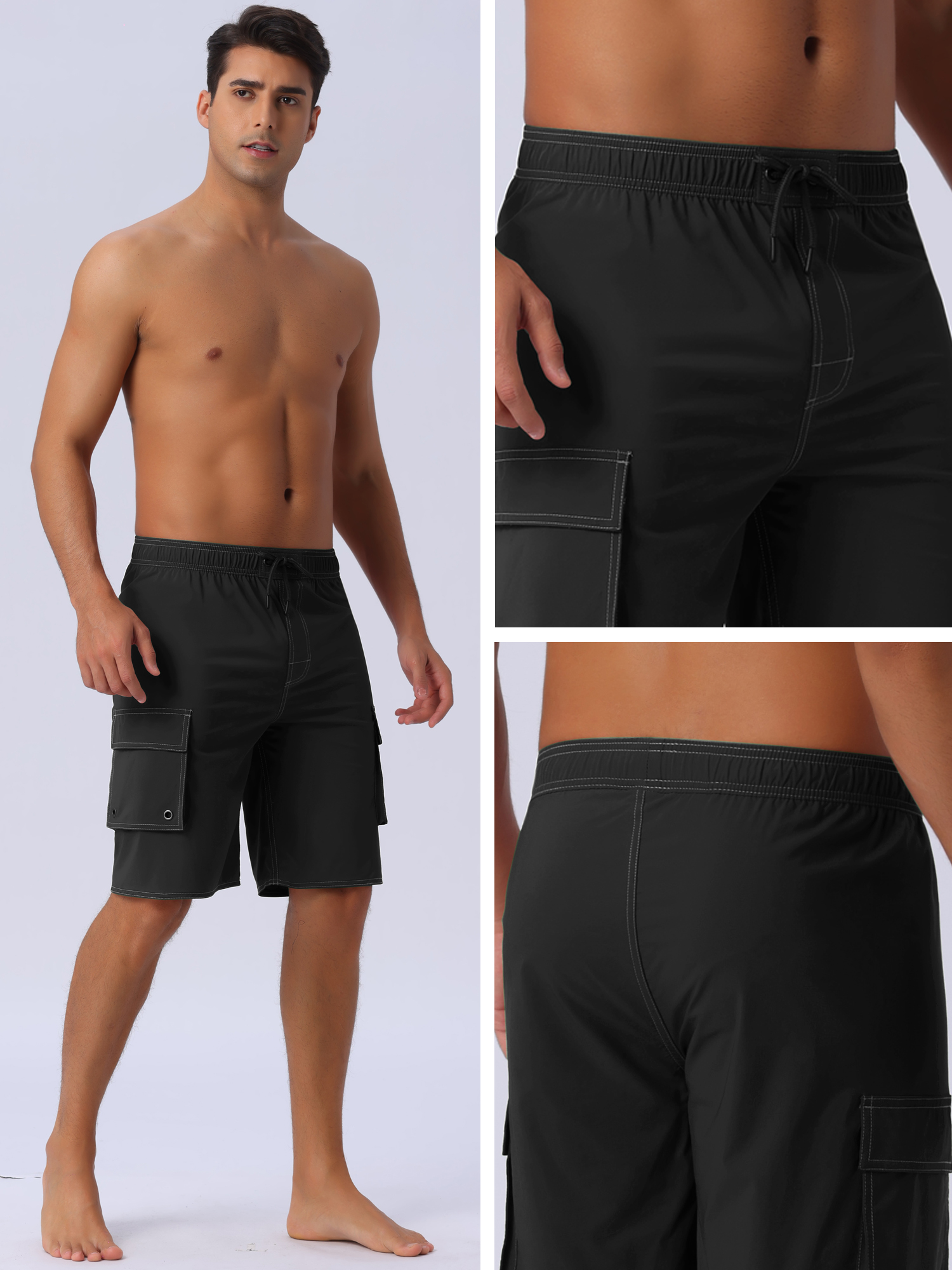 DARING DIVA Men's Solid Color Side Pockets Lining Summer Board Shorts 36 Black