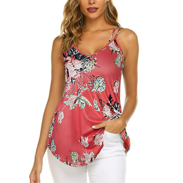 RQYYD Reduced Women's Casual Floral Print Double Spaghetti Strap Tunic Tops  Summer V Neck Solid Sleeveless Tank Shirts Cofmy Flowy Tank Tops(Red,XL)