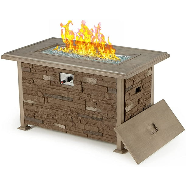 Vicluke 44 inch Aluminum Propane Fire Pit Table with Faux Ledgestone