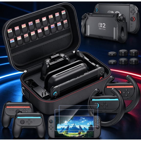 Case for Nintendo Switch 2 Accessories, with Switch 2 Dockable Protective Cover, Switch 2 Tempered Film, Switch 2 Racing Wheels, Switch 2 Controller Joycon Grip Cover