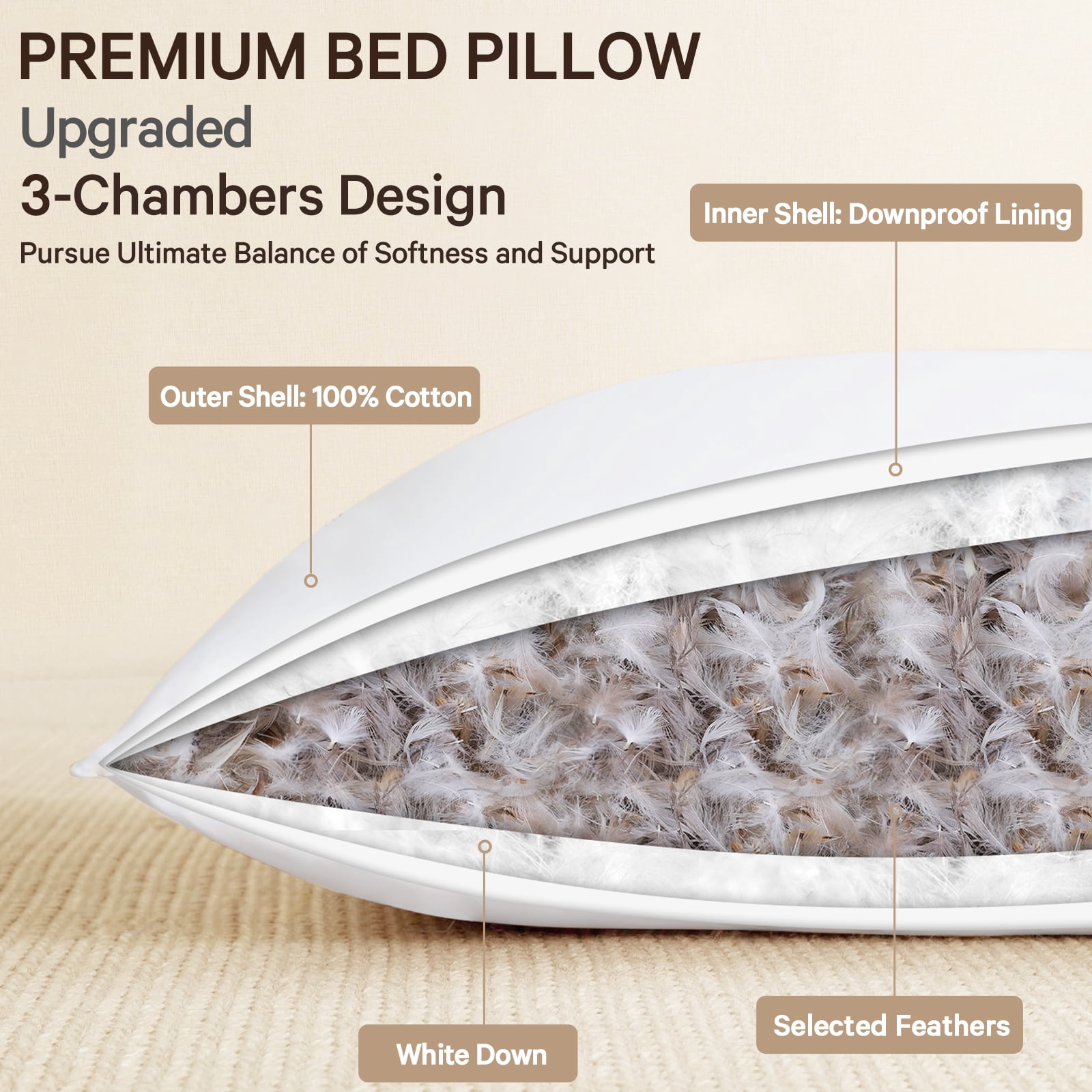 Teler Down Pillows Queen Size Set of 1, Luxury Feather Pillow for Hair and Skin, Fluffy and Supportive Bed Pillows for Side, Back Sleepers (20"x28")