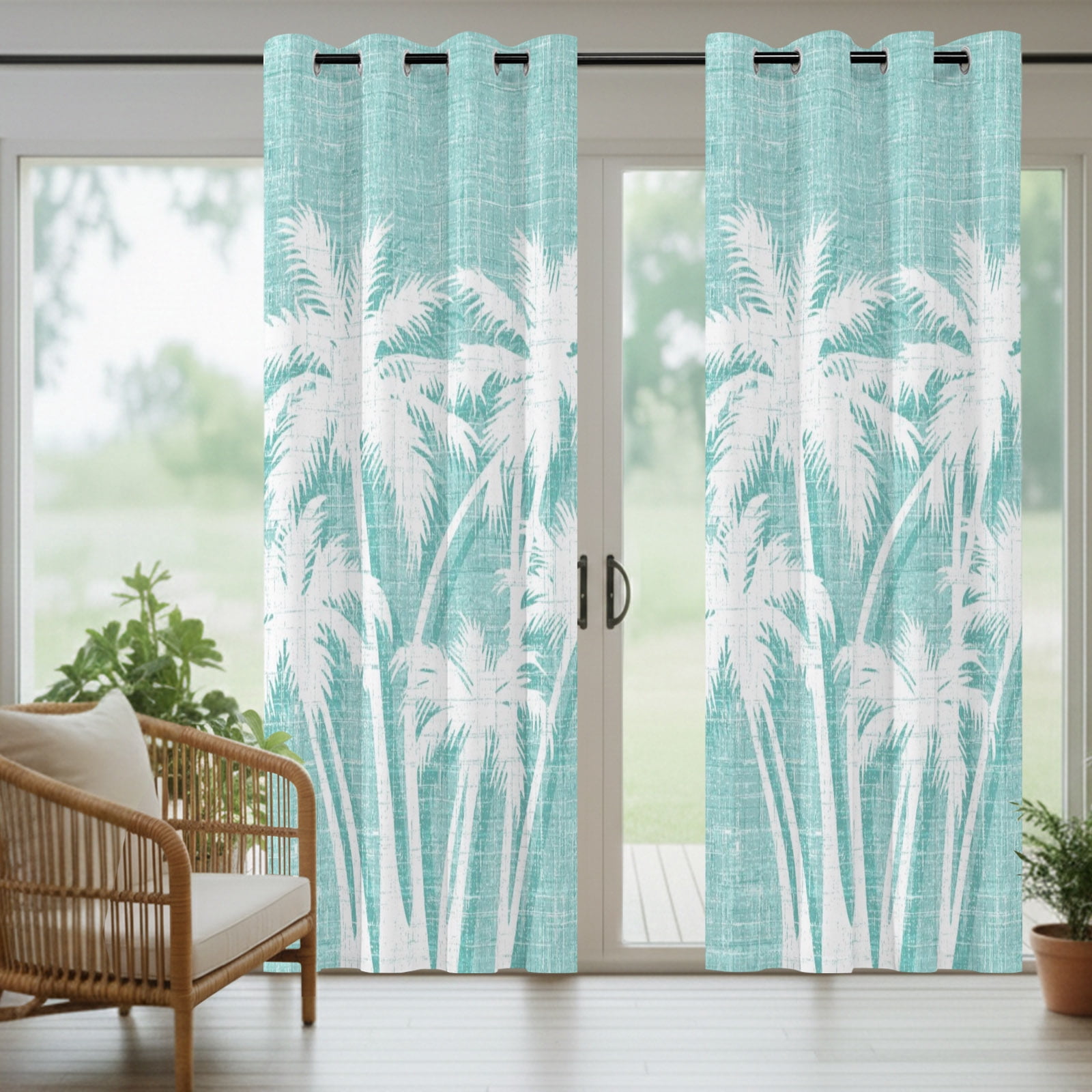 Palm Tree Outdoor Curtains for Patio, Tropical Plant Coastal Summer Mint Green Sunshade Privacy Drapes Grommet Waterproof Outside Curtains for Porch/Cabana/Balcony 54"x 108", 1 Panel