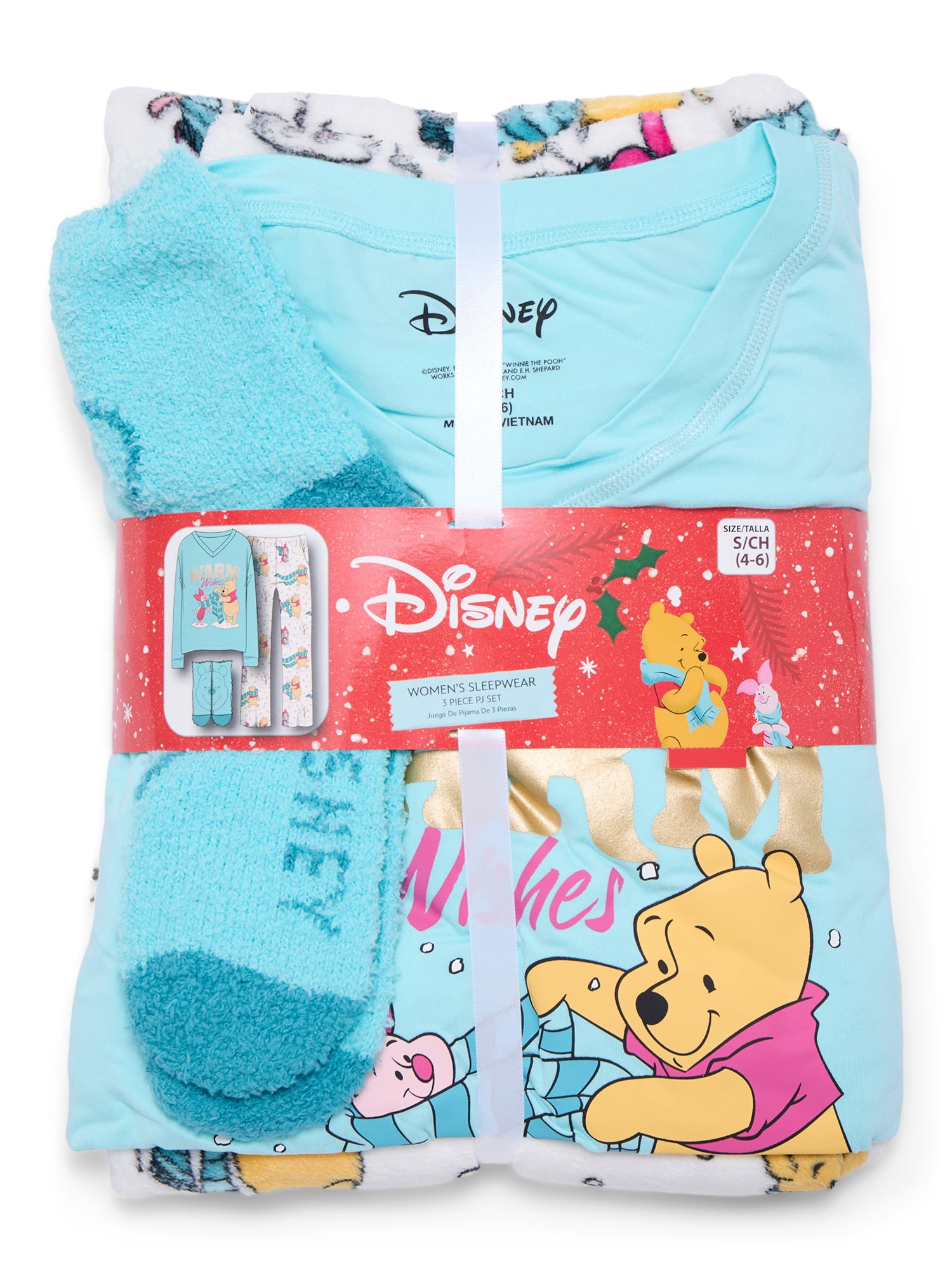 Winnie the Pooh Women's and Women’s Plus Top, Pants and Socks Holiday Sleep Gift Set, 3-Piece, Sizes XS-3X