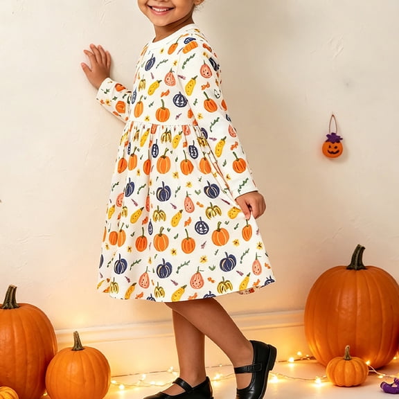 Girl Autumn Halloween Printed Dress, Children Soft Knit Cotton Long‑Sleeve Dress, Cute Multi‑Pumpkin Graphic Swing Princess Dress for Holiday Daily Wear