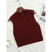 Hotian Women Cable Knit Sweater Vest V Neck Pullover Burgundy M