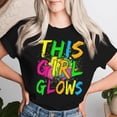 thumbnail image 2 of This Girl Glows T-Shirt, 80s Retro Costume Party Tee for Women, Neon Style Graphic Shirt with Vintage Glow Aesthetic, Fun Throwback Outfit for Themed Events, Disco Dance or , Size 4XL, Color Black, 2 of 3