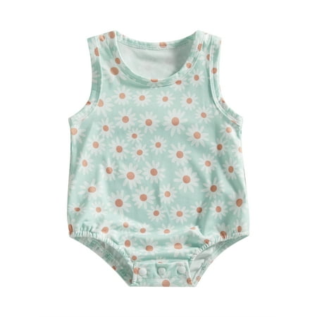 

MissiMae Kid Girl Romper Sleeveless Round Neck Floral Print Summer Short Bodysuit Pink/ Blue 0-18M