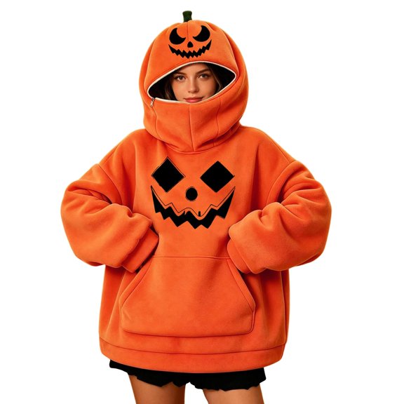 AJGRHE Halloween Women's Hooded Sweatshirt Pumpkin Fashion Hooded Printed Long Sleeve Sweatshirt Court Style Cosplay Tunic Gown for Women Men Orange S