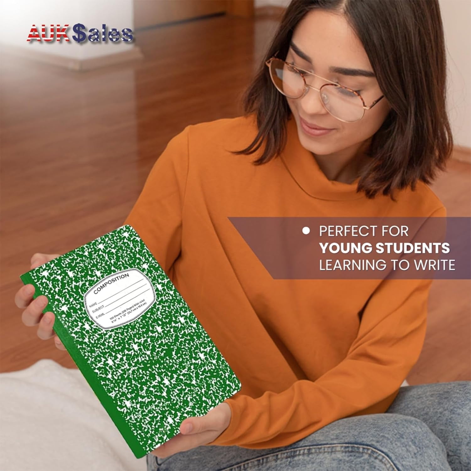 AUKSales Composition Notebook 9-3/4" x 7-1/2", Wide Ruled | Case Pack of 48 | Marble Cover -100 Sheets | Ideal for bulk buyers, retailers and wholesalers | Green
