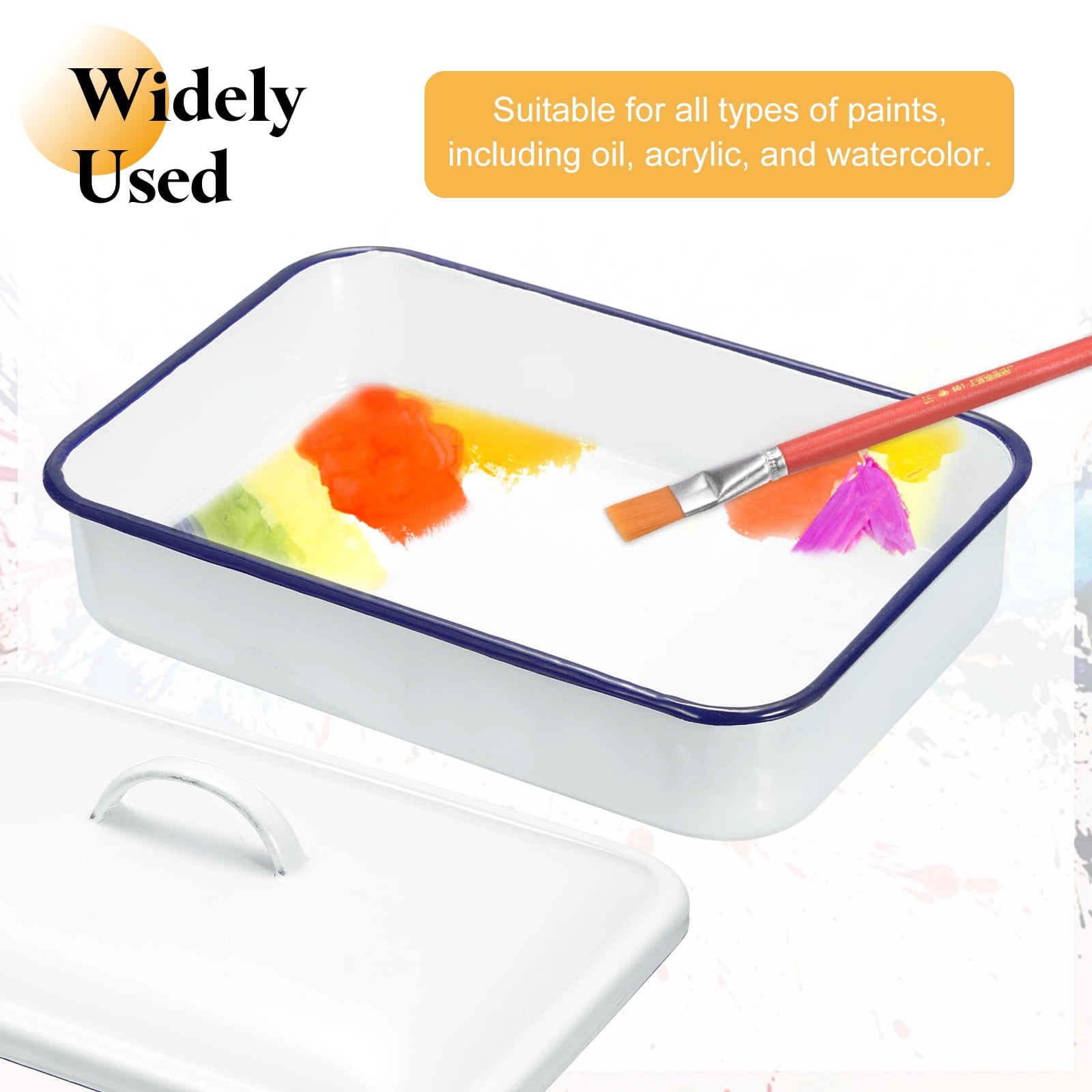 Uxcell Butcher Tray Palette 9.4" x 6.3" x 2" Metal Triple Enamel Coated Rectangular Tray Artist Painter Painting Tool with Lid for Art Paint Acrylic Watercolor Mixing