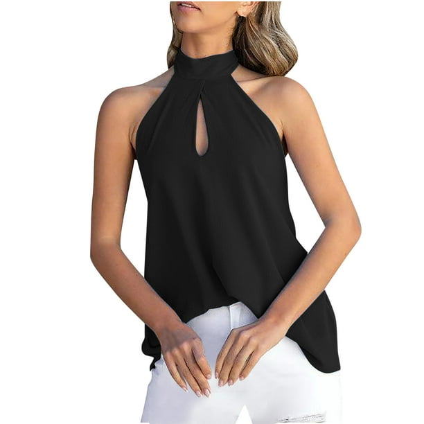 EHQJNJ Tank Tops for Women High Neck Women's Summer Sleeveless Halter Tops  Casual Pleated Eyelet Tank Top Pointelle Flowy Shirt Blouse Black Tank Top  Woman Cropped 