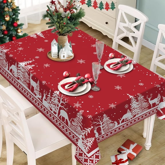 Red Christmas Rectangle Tablecloth 60 x 84 Inches, Xmas Reindeer Pine Trees Snowflakes Decorative Dining Table Cloth, Winter Holiday Dinner Tablecover Picnic Party Decoration