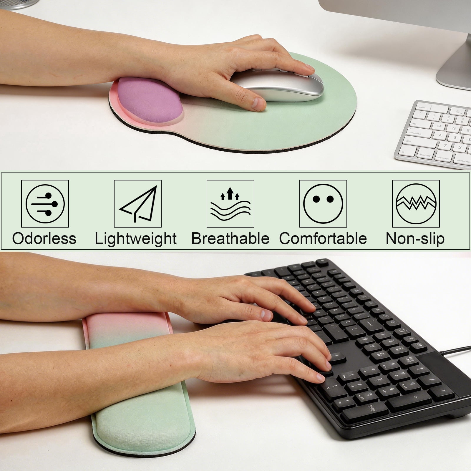 Ergonomic Wrist Rest Set, Memory Foam Mouse Pad and Keyboard Wrist Rest Support Hand Waterproof Cup Pad Non-slip for Office Computer Gaming Home Desk Accessory, Purple Pink