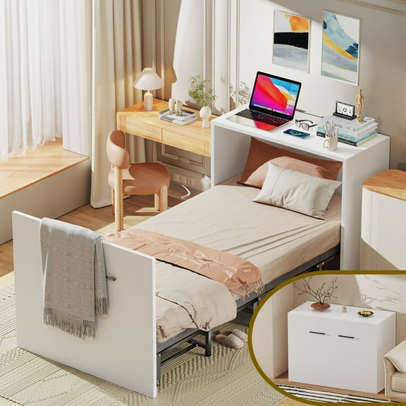 ABORON Murphy Bed with Mattress Folding Cabinet Bed, 75" x 29" Pull Out Hide Bed, Saving Space Roll Away Bed Fold Guest Bed, Murphy Chest Bed for Small Guest Room/Home/Office