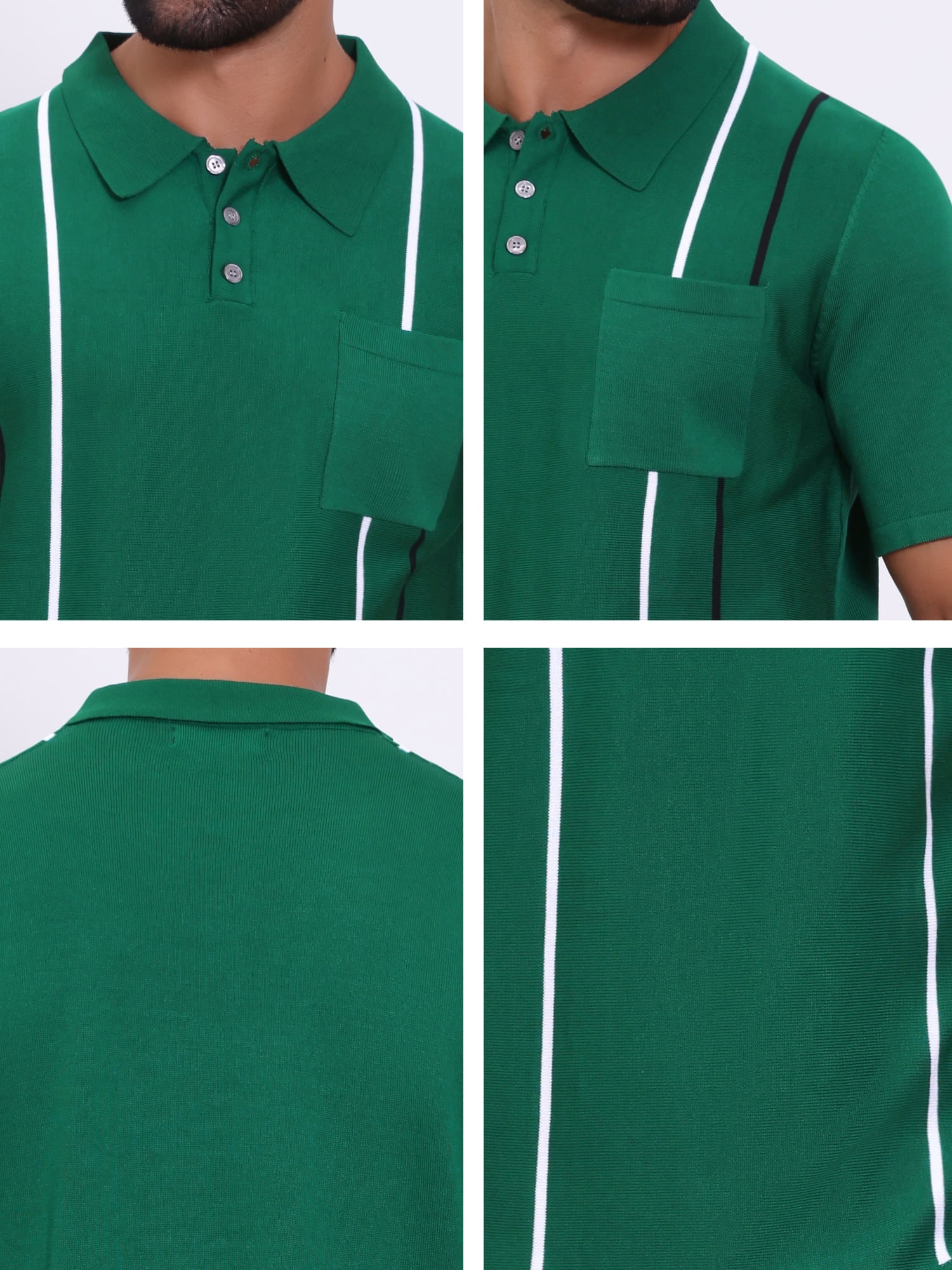 DARING DIVA Men's Striped Knit Chest Pocket Short Sleeve Vintage Golf Shirts L Green