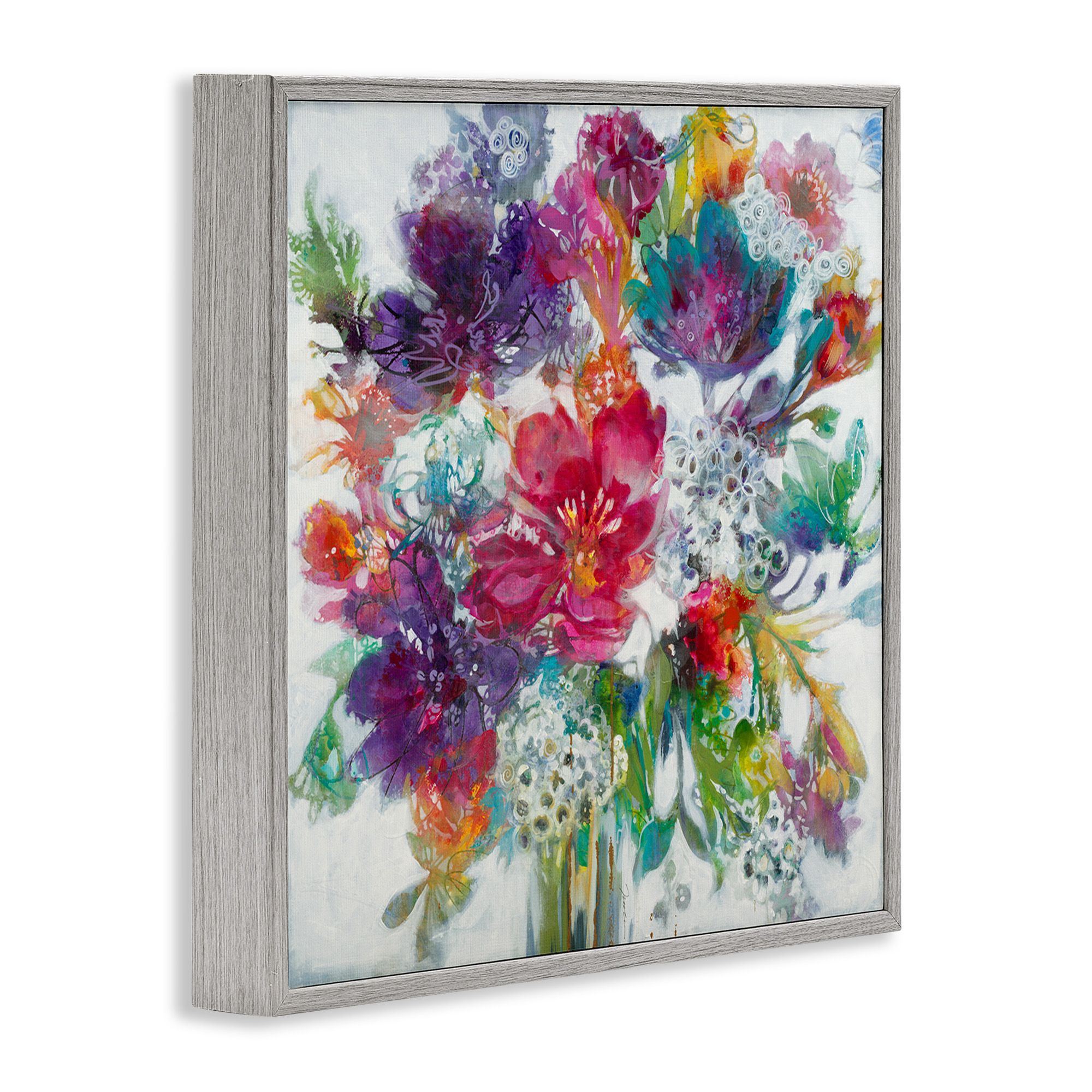 Stupell Industries Whimsical Floral Pop Bouquet Botanical & Floral Painting Gray Framed Art Print Wall Art, 12 x 12