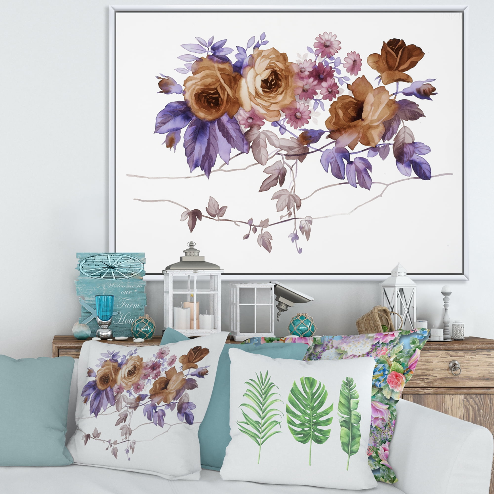 Designart 'Purple Wildflowers On White IV' Traditional Framed Canvas Wall Art Print