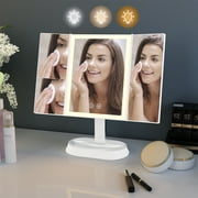 Makeup Mirror Vanity Mirror LED Lighted Tri-Fold Mirror with 3 Color Lighting Modes & 1X/5X/7X/10X Magnification, 90 Rotation Portable Dimmable Cosmetic Mirror Touch Screen Dual Power Supply