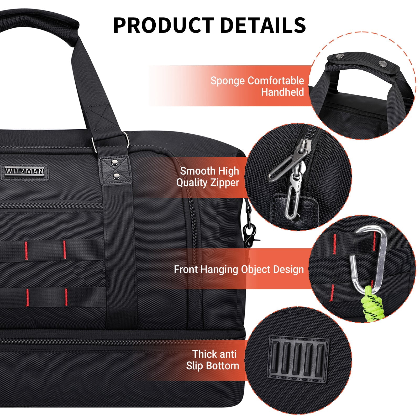 WITZMAN Travel Duffle Bags for Men Weekender Bags with Toiletry Bag Sets Carry on Overnight Bag 55L（B696 Black）