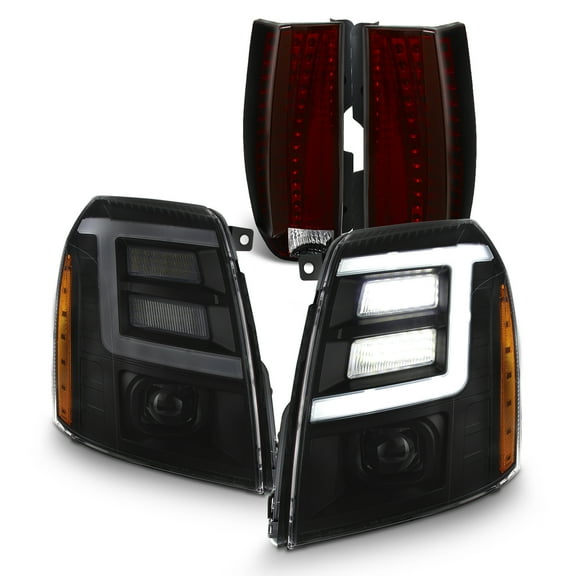 AKKON - For 2007-2014 Cadillac Escalade [Xenon/HID Model] Black Smoked LED DRL Tube Projector Headlight   Red Tinted Tail Light