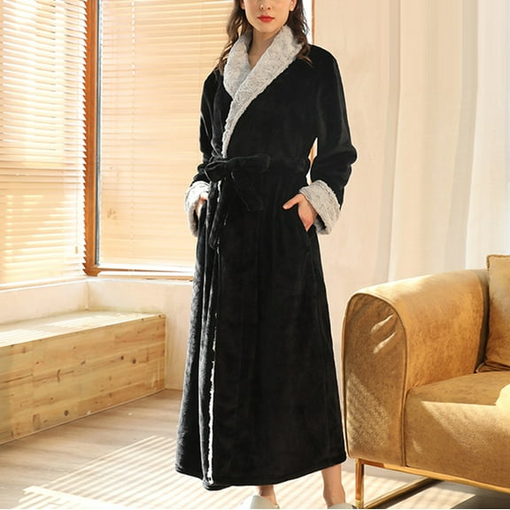 Women's Fleece Couple Bathrobes, Flannel Nightgown Warm Robes Thickened Long Sleepwear Home Wear with Pockets New Fall Pajamas for Women Black XL