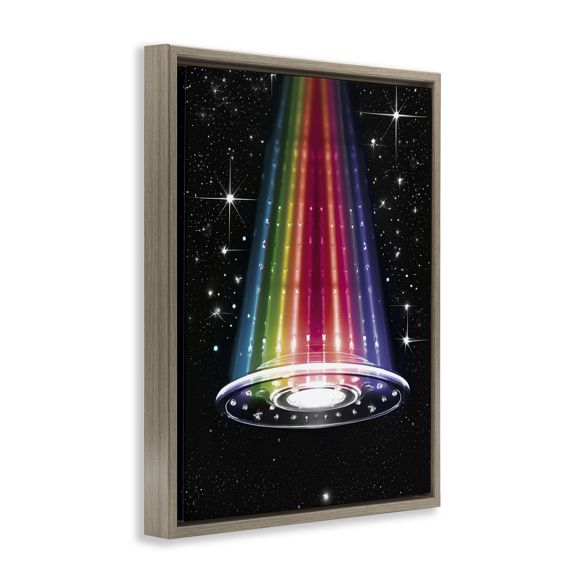 Rainbow Galaxy UFO Brown Framed Floater Canvas Wall Art, design by Sasha