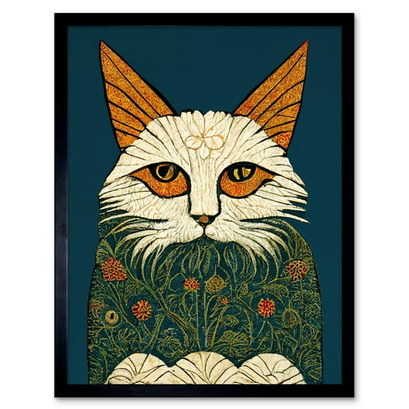 Melancholy Moggie Cat Illustration William Morris Style Teal Gold Art Print Framed Poster Wall Decor 12x16 inch
