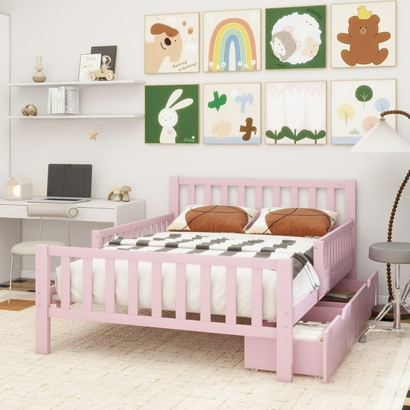 Full Size Wood Platform Bed with Guardrails on Both Sides and Two Storage Drawers ,Pink