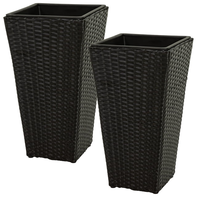 Sunnydaze Modern Decorative Standing Square Polyrattan Planter Containers - 20" Tall - Black - 2-Pack