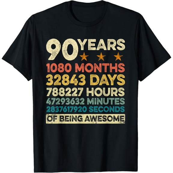 Vintage 90th Birthday Gift 90 Years Old 1080 Months T-ShirtMen and women, Black T-shirt, size: Extra large