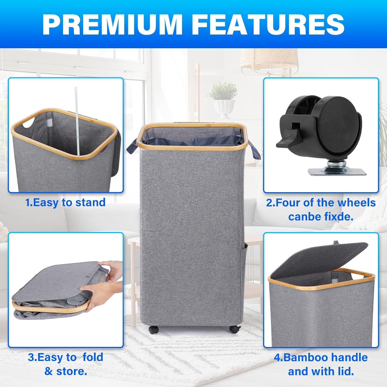 Large Laundry Basket with Wheels,100L Hampers for Laundry,Freestanding Laundry Hamper with Lid and Bamboo Handles,Collapsible & Waterproof Tall Cloth Hamper for Dorm Family（Grey）