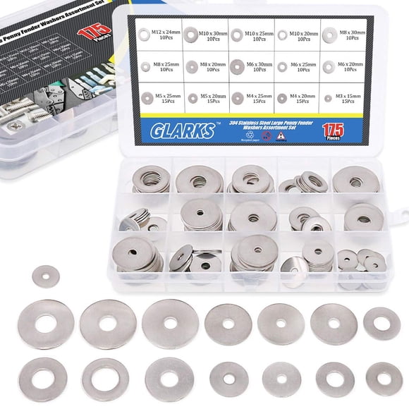 Glarks 175 Pcs Assortiment de Grandes Rondelles de Défense en Acier Inoxydable 304 - M3, M4, M5, M6, M8, M10, M12