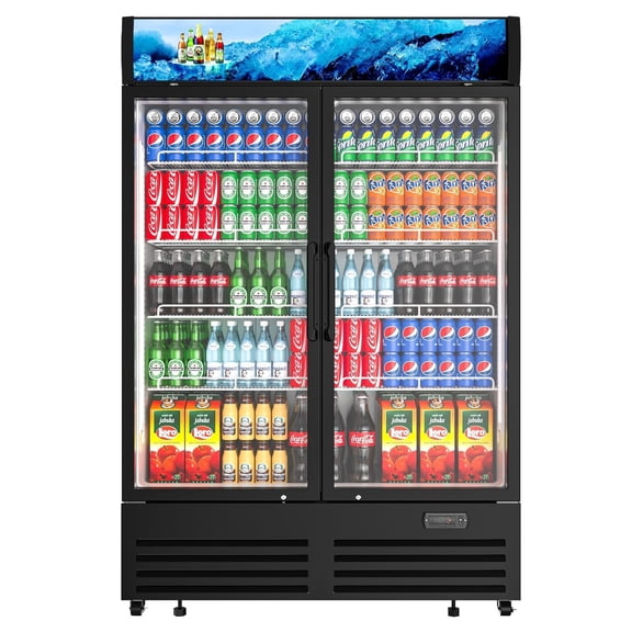 Amerikit Commercial Beverage Refrigerator 2 Glass Door, 36 Cu.ft Upright Display Merchandiser Cooler with LED Light, Lock Wheels, Adjustable Shelf for Bar, Shop