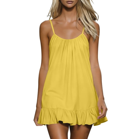 Nfurl Women Short Nightgown Dress Casual Ruffle Hem Spaghetti Strap Night Nightgowns Summer Lightweight Low Back Sleeveless Linen Sleep Dresses Yellow,L