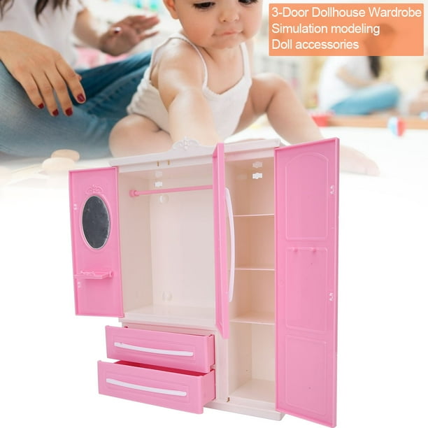 Meubles Pour Poupée Barbie à Trois Portes Rose, Garde-robe Moderne Pour Accessoires Armario Avec 10 Cintres / Poupées Et Accessoires
