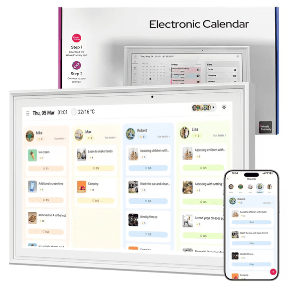 15.6-inch digital calendar and chore chart for family scheduling, meal planning, and task rewards; supports mobile app synchronization and includes both a desktop stand and a wall mount.