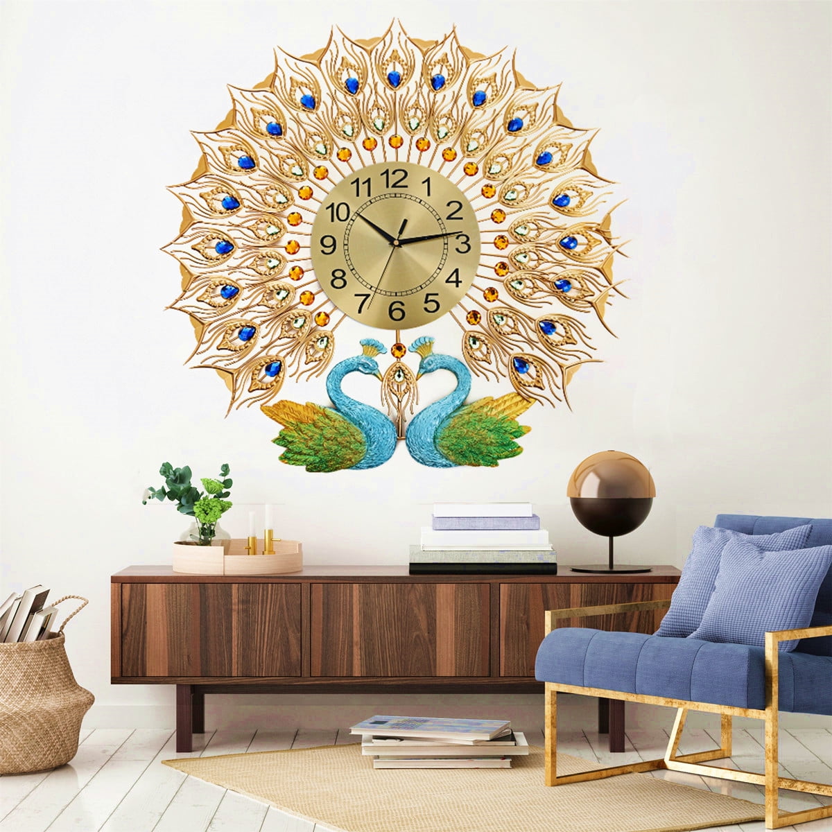 15 inch Large 3D Wall Clock Watch Peacock Diamonds Home Living 