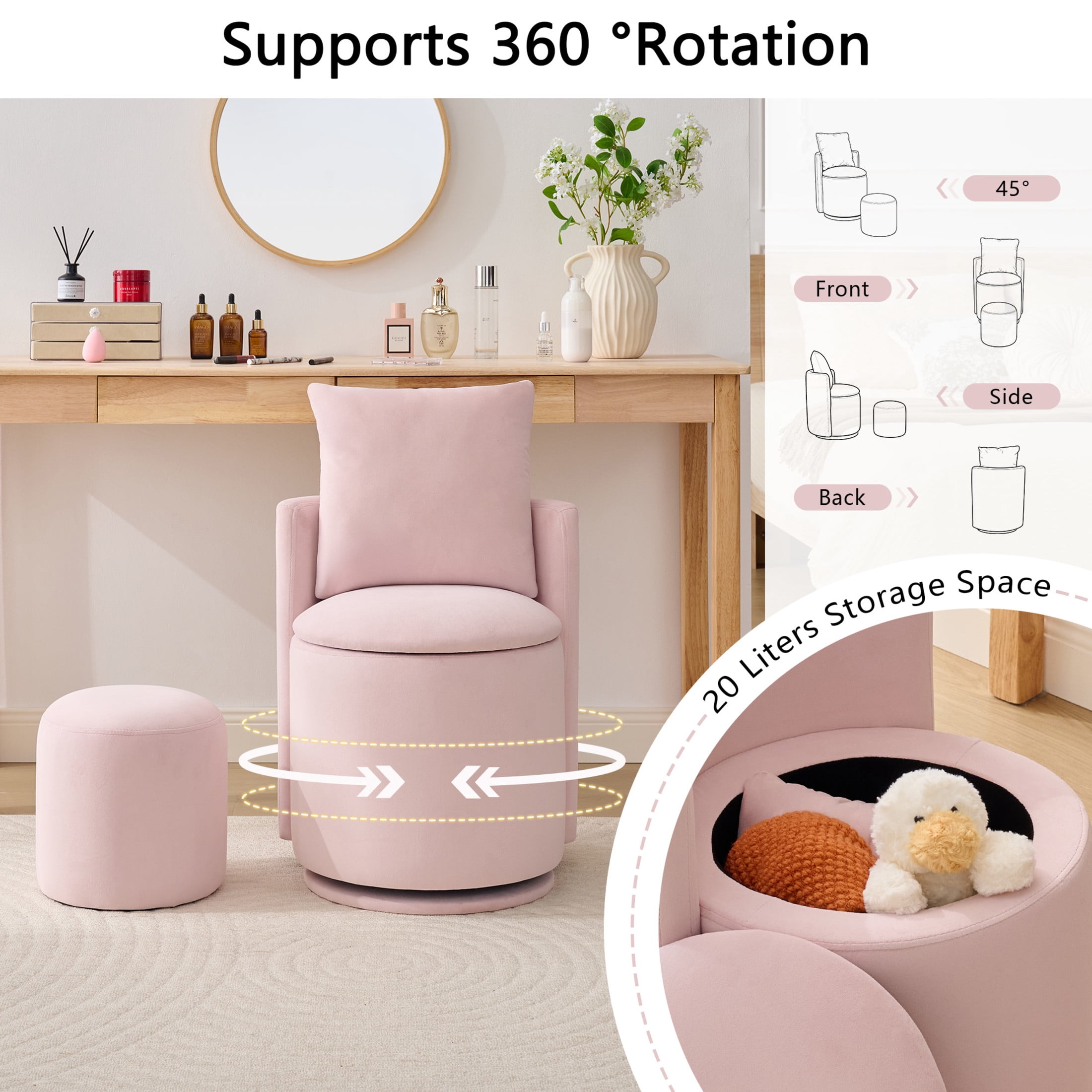 Noble House Velvet Swivel Accent Chair with Ottoman & Toss Pillow, Storage Barrel Chair, Pink