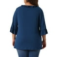 thumbnail image 3 of Blusa elegante casual de mujer plus size Agnes Orinda con volantes, manga 3/4, escote en V, talla 1X, color azul, 3 of 6