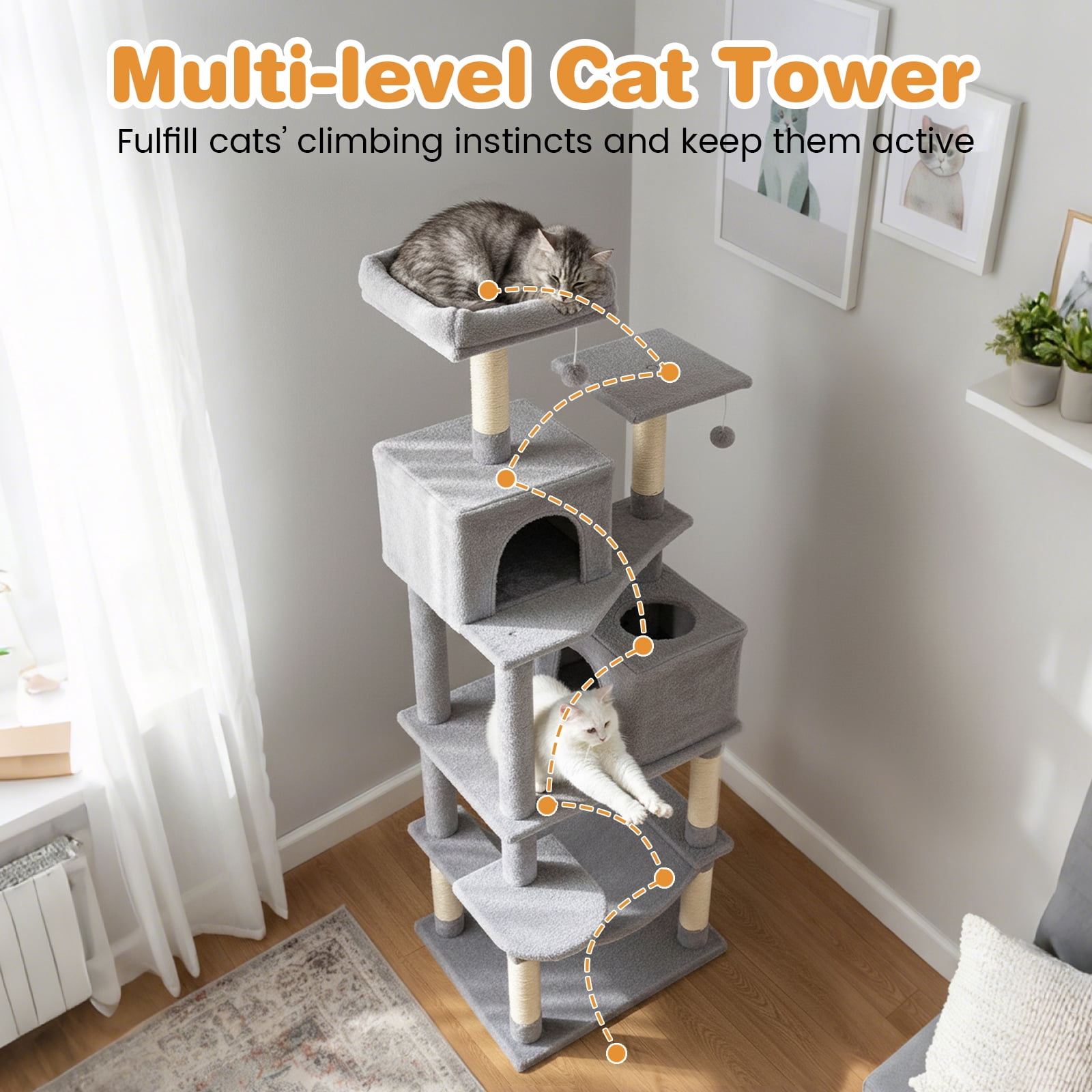 Costway 70” Cat Tree for Indoor Cats with Padded Top Perch, Dual Condos, Hammock, Platforms Light Gray