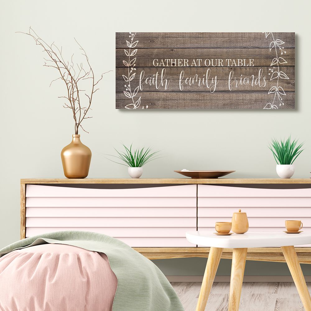 Stupell Industries Faith Family Friends Quote Wood Pattern Rustic Phrase Canvas Wall Art Design by Kim Allen, 17" x 40"